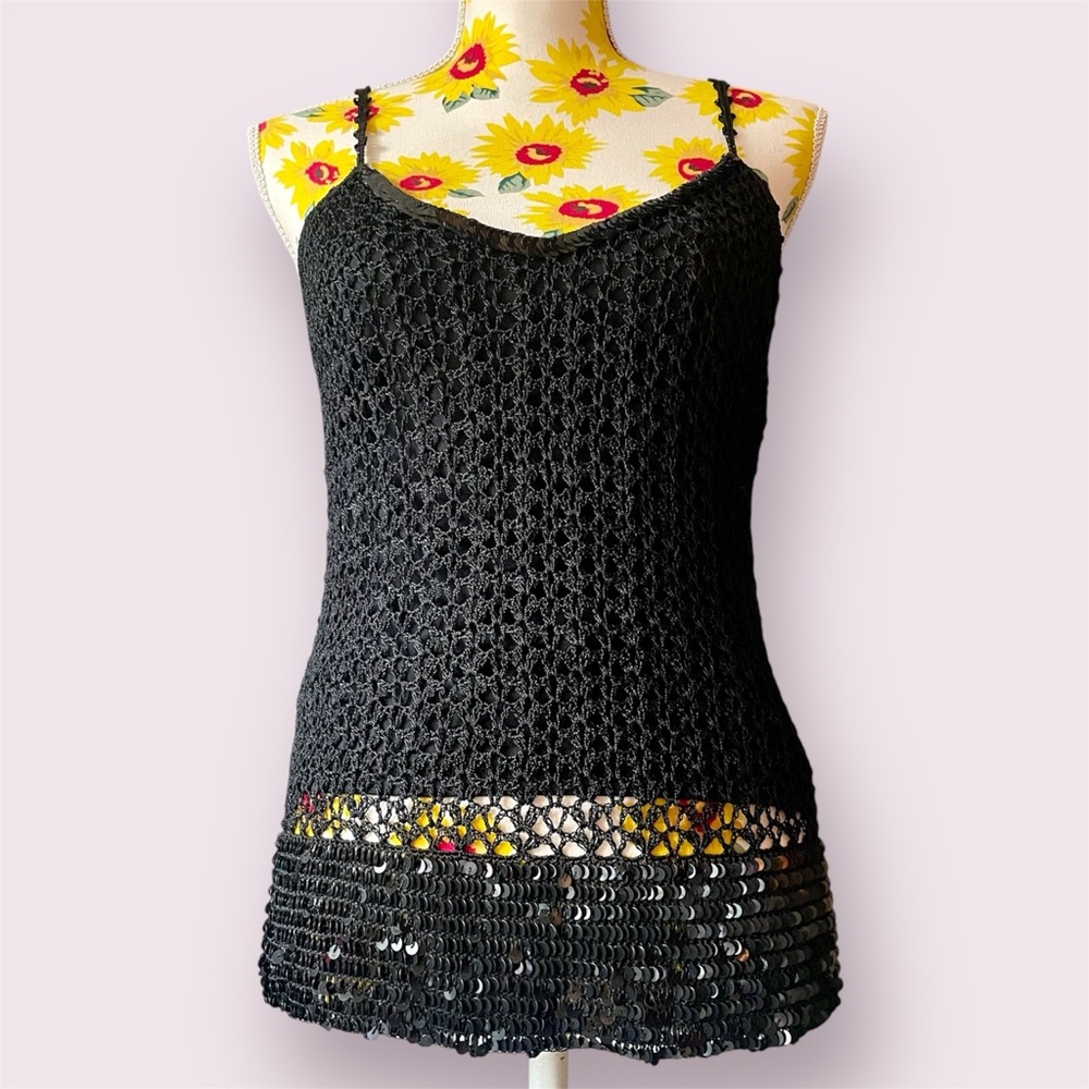 René Derhy Collection: Y2K Black Crochet Tank Top w/ Sequin Details | Size M